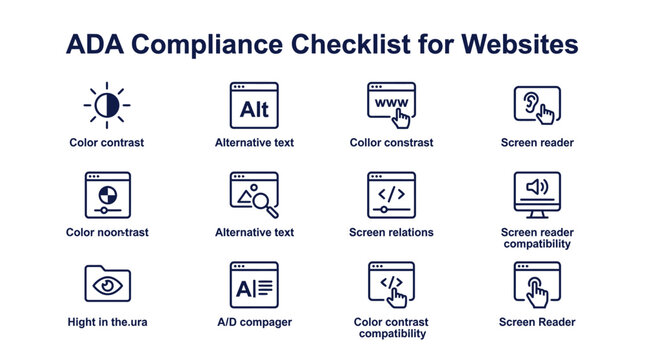 ADA Compliance Checklist Infographic featuring blue accessibility icons on white background ideal for web development blogs and digital inclusion training.