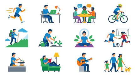 Fototapeta premium People engage in various leisure activities outdoors and indoors with set vector