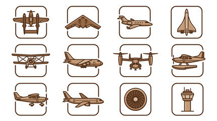 A set vector illustration of various airplanes and aircraft icons in brown lines on white © Digi