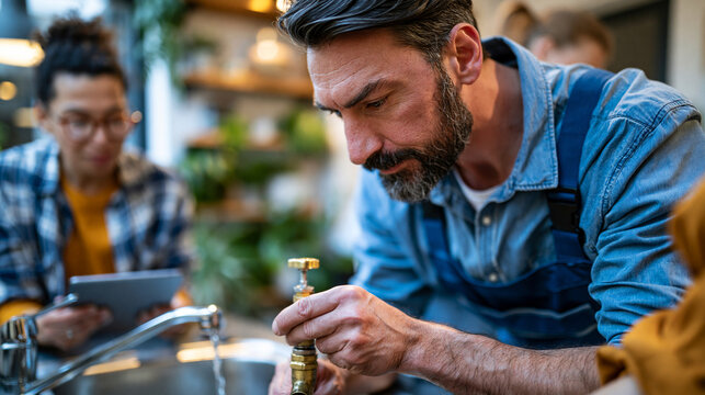 Male plumber fixing a leak while a female trainee holds a digital tablet nearby, modern home repair service scene with balanced framing, subtle background blur and clear subject focus,
