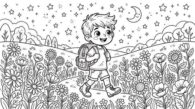 Coloring book page featuring a young boy with a backpack walking along a path through a field of flowers under a starry night sky with a moon