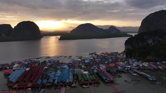 Aerial view of ko panyi floating village during sunrise, Thailand