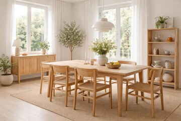 Fototapeta premium Bright and Cozy Dining Room with Wooden Furniture and Greenery