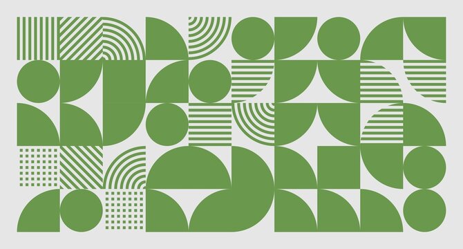 A modern grid of green geometric shapes including circles, semicircles, and striped squares on a light background.
