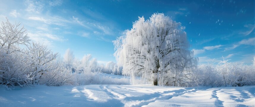 Snowy Landscape with Frost-Covered Trees under a Bright Blue Sky