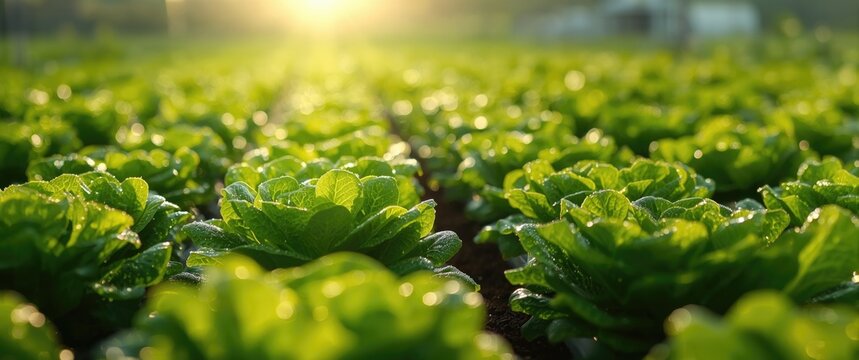 Lush Green Lettuce Rows Glistening with Dew in Morning Light