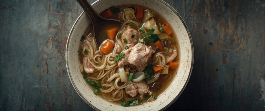 Bowl of Chicken Noodle Soup with Vegetables and Herbs on Rustic Wooden Table