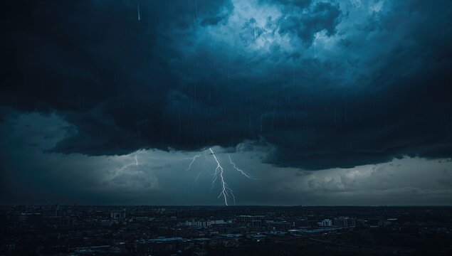 Dramatic Thunderstorm with Lightning Strikes Over Cityscape at Dusk