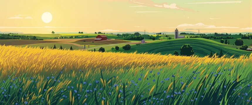 Sunset Overrolling Hills with Golden Wheat Field and Farmhouse