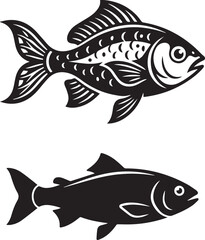 Fototapeta premium Black and white fish logo set featuring detailed engraved and solid silhouette fish illustrations, ideal for branding, fishing, seafood, labels, packaging, icons, and vector design projects.