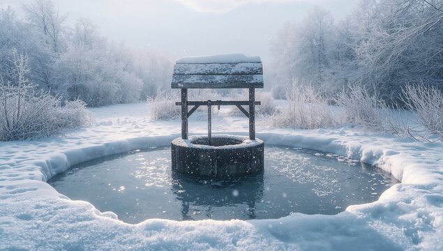 Snow-Covered Well in Frosty Landscape - Winter Scene, Soft Light, Tranquil Atmosphere