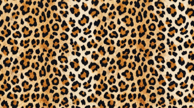Close-up of vibrant leopard print with bold black spots on warm tan background for fashion design and animal pattern applications