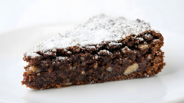 A slice of Italian torta caprese (chocolate with almond nuts cake and powder sugar) on white plating