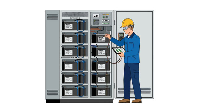 Electrician checking battery system with tablet and multimeter