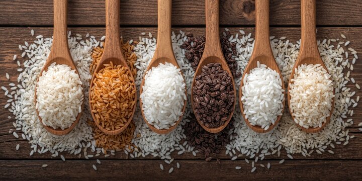 Variety of Rice Types in Wooden Spoons on Rustic Background