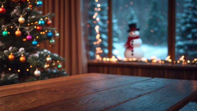 Window sill background of free space for your decoration and winter landscape of forest with mountains and snowman. Christmas season and a sunny cold day.
