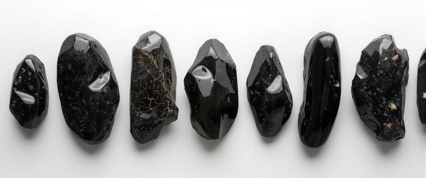 Black Obsidian Crystals Displayed in a Row on White Surface
