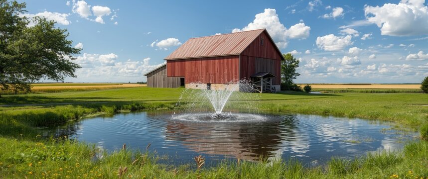 Red Barn by Tranquil Pond with Fountain under Blue Sky and Fluffy Clouds