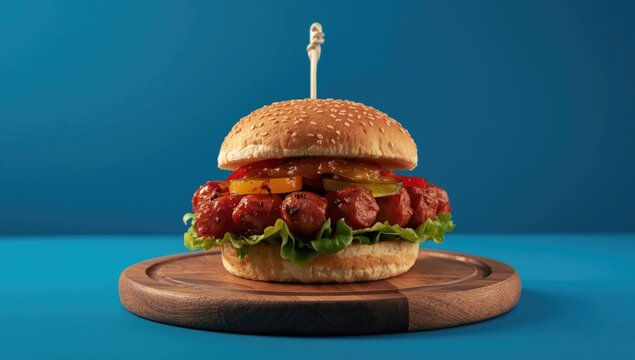 Hamburger with meatballs, lettuce, and vegetables on a wooden board