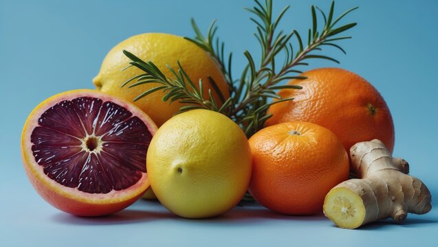 Tropical drink still life featuring a creative scene with flavored water in a drink can, garnished with citrus fruits, rosemary, and ginger.