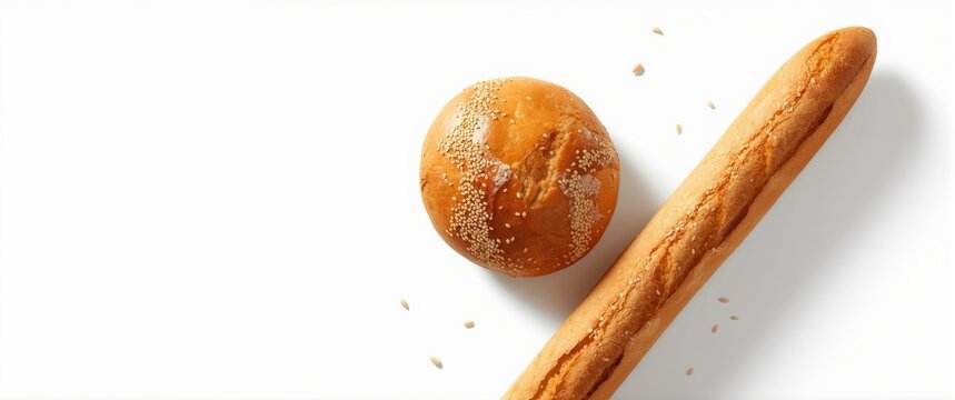 Fresh Baked Breadstick and Sesame Bun Isolated on White with Crumbs