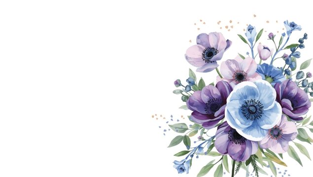 Bouquet of Purple and Blue Anemone Flowers with Greenery on White Background