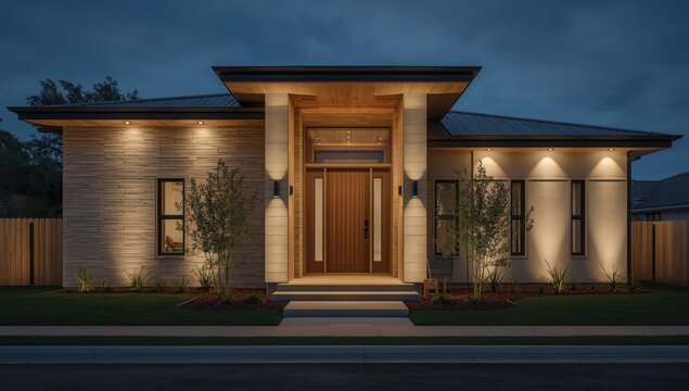 Modern Home Exterior Facade Illuminated at Twilight with Lush Landscaping