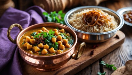 Fototapeta premium Traditional Indian cuisine naan curry masala biryani rice kitchen towel paneer dish