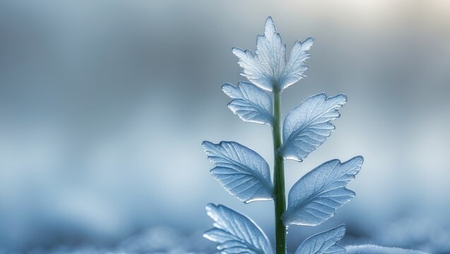 Vertical close-up of a frozen plant against a hazy background.