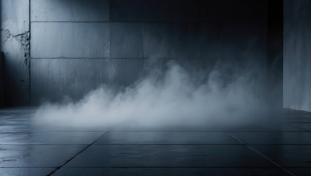 Dark textured concentrate floor with mist or fog, featuring an abstract black, dark, and gray cement wall and studio room interior texture for product display.