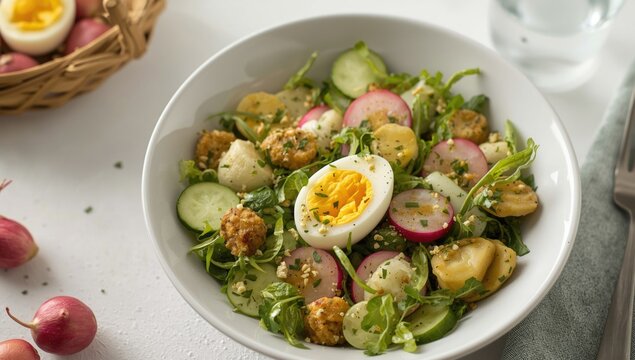 Vibrant Salad with Boiled Egg and Fresh Vegetables - White Bowl, Top View, Bright and Wholesome