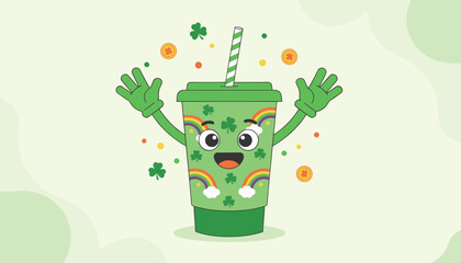 Obraz premium Happy green beverage cup character celebrating Saint Patrick Day with rainbows, shamrocks, and gold coins.