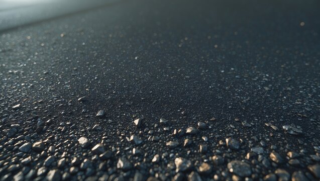 Wet asphalt pavement serves as a backdrop for construction presentations, featuring a rough texture.