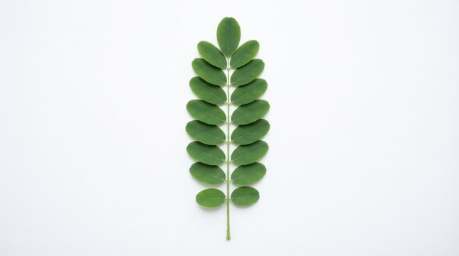 Pinnate leaf with small oval leaflets isolated on white background