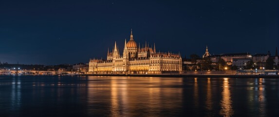 Fototapeta premium Budapest Parliament Building Illuminated at Night Reflected in the Danube River