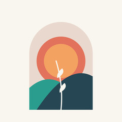 Abstract modern sunset landscape featuring rolling hills and stylized arch. © SATHI