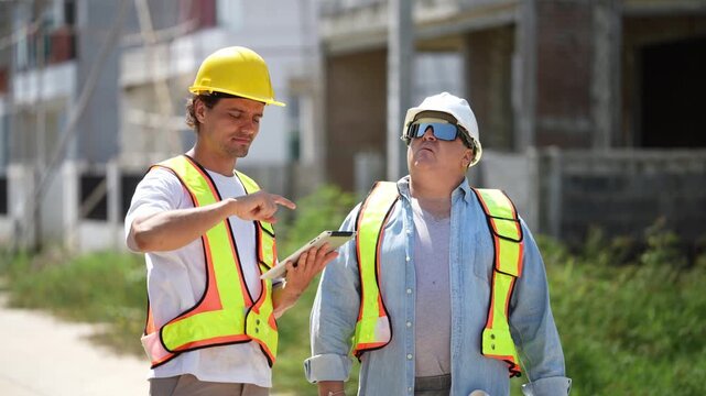 Two male builder wearing safety vest and hardhat inspect house construction site while one point finger and holding digital tablet to plan real estate project development