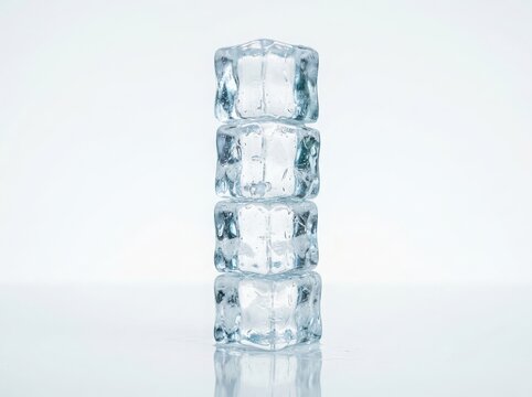 A tall stack of four clear ice cubes balanced on top of each other isolated on white background