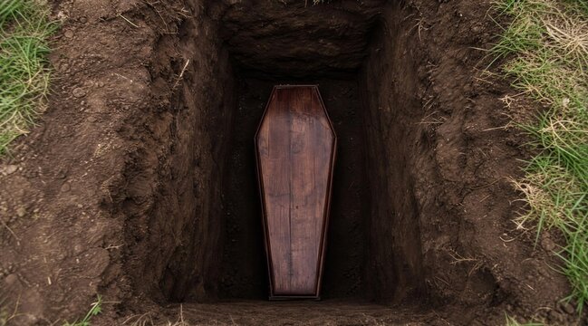 Wooden coffin in open grave with soil walls