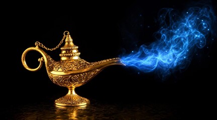 Golden magic lamp with blue glowing smoke effect © rdkcho