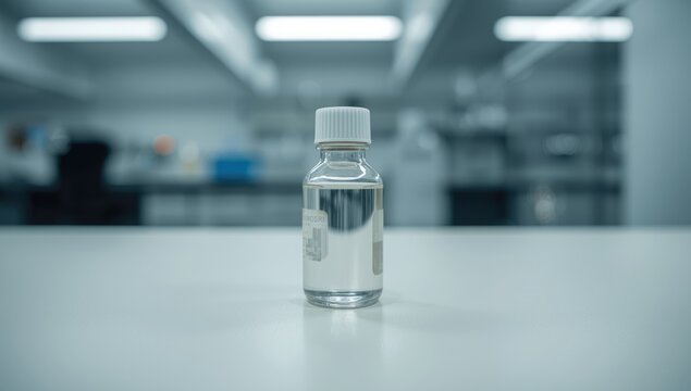 Clear glass bottle with liquid on a laboratory table