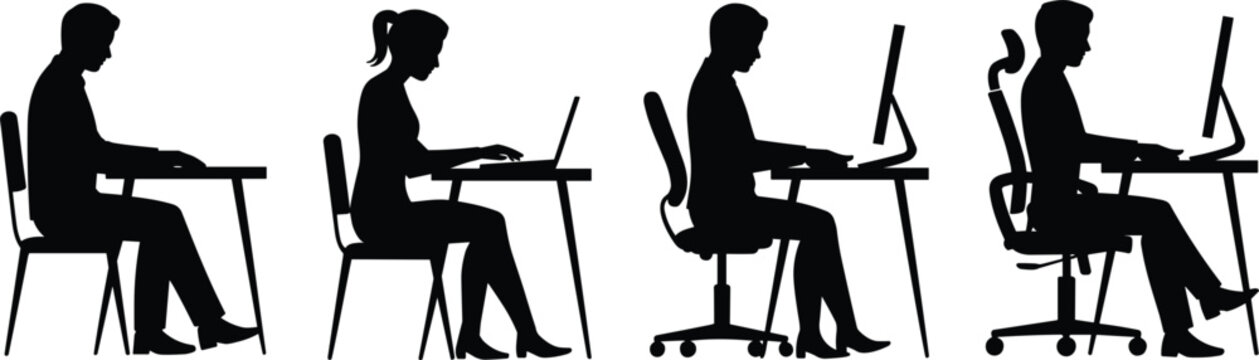 Office ergonomic sitting posture side view silhouette set correct and incorrect position vector work desk infographic (16 words)