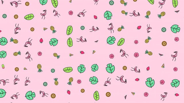 A vibrant and fun tropical summer pattern background featuring pink flamingos, pineapples, green leaves, and assorted colorful fruits.