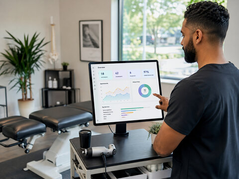 Chiropractor analyzing patient data on digital screen in clinic