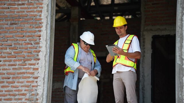 Foreman and architect wearing safety vest and hardhat inspect brick wall building construction site while one holding paper blueprint and another point finger with digital tablet