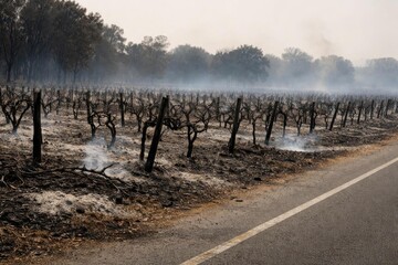 Obraz premium Burnt Vineyard Landscape After Wildfire with Smoke and Ashes