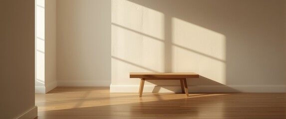 Fototapeta premium Minimal Wooden Bench in Sunlit Room - Warm Light, Soft Shadows, Calm Ambiance