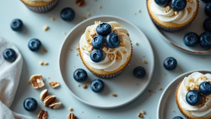 Top view of Dessert with blueberry, showcasing aesthetic vibes background and a cozy home table setting. © vxnaghiyev