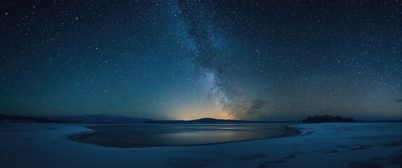 Naklejka premium Milky Way Galaxy Over Snowy Lake Landscape at Night with Reflections