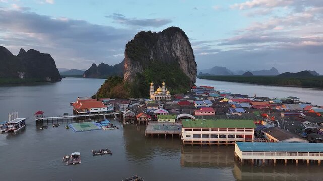Ko panyi floating fishing village aerial view in phang nga bay, Thailand